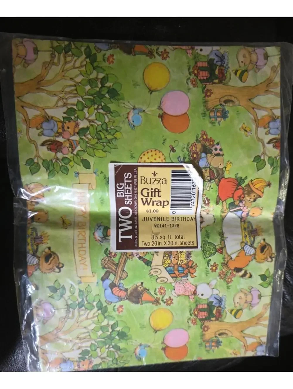 Vintage Buzza Juvenile Birthday Gift Wrap Two Big Sheets 20x30in Animals Green